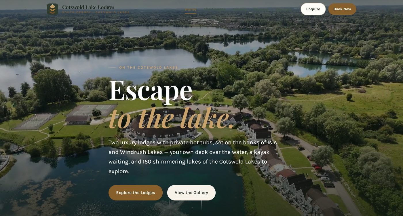 Cotswold Lake Lodges homepage hero: a drone shot of the lakes with an &lsquo;Escape to the lake&rsquo; headline