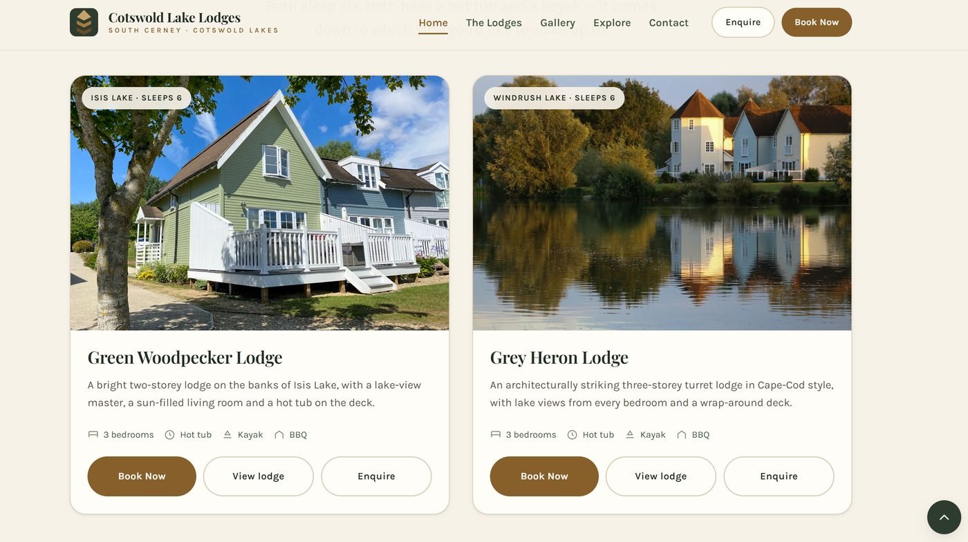 The Lodges page showing the Green Woodpecker and Grey Heron lodge cards side by side
